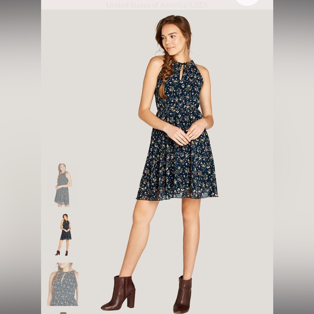 Apricot Ditsy Floral Halter Neck Dress